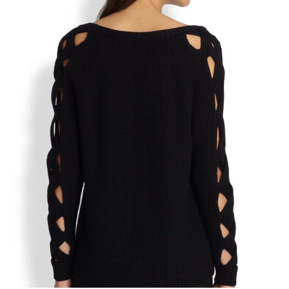 MILLY Black V Neck Braided Sleeve Open Cut Out Sweater